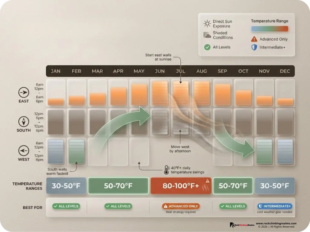 Seasonal climbing matrix for Smith Rock showing monthly sun/shade windows by wall orientation, temperature ranges, and optimal skill levels for each season.