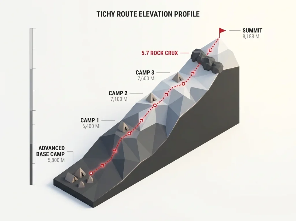 Vertical elevation diagram of Cho Oyu's Tichy Route showing ABC to C1, C2, C3, summit with the 5.7 rock crux marked