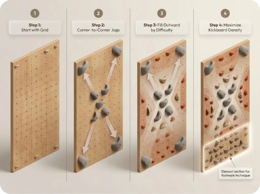 Step-by-step progression diagram showing the X-pattern method for distributing climbing holds on a home wall, from blank grid to complete layout with dense kickboard.
