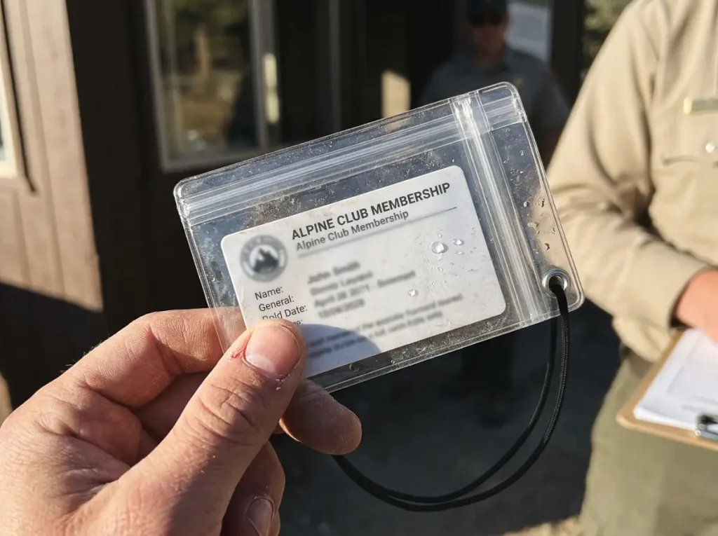 Climber holding an alpine club card in a clear waterproof card sleeve at a Cordillera Blanca checkpoint gate