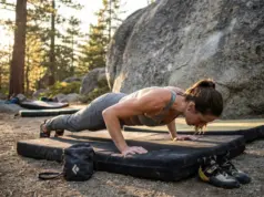 How to Build Antagonist Strength for Injury-Free Climbing Climber performing push-up antagonist exercise between boulder problems at outdoor crag