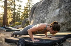 How to Build Antagonist Strength for Injury-Free Climbing Climber performing push-up antagonist exercise between boulder problems at outdoor crag