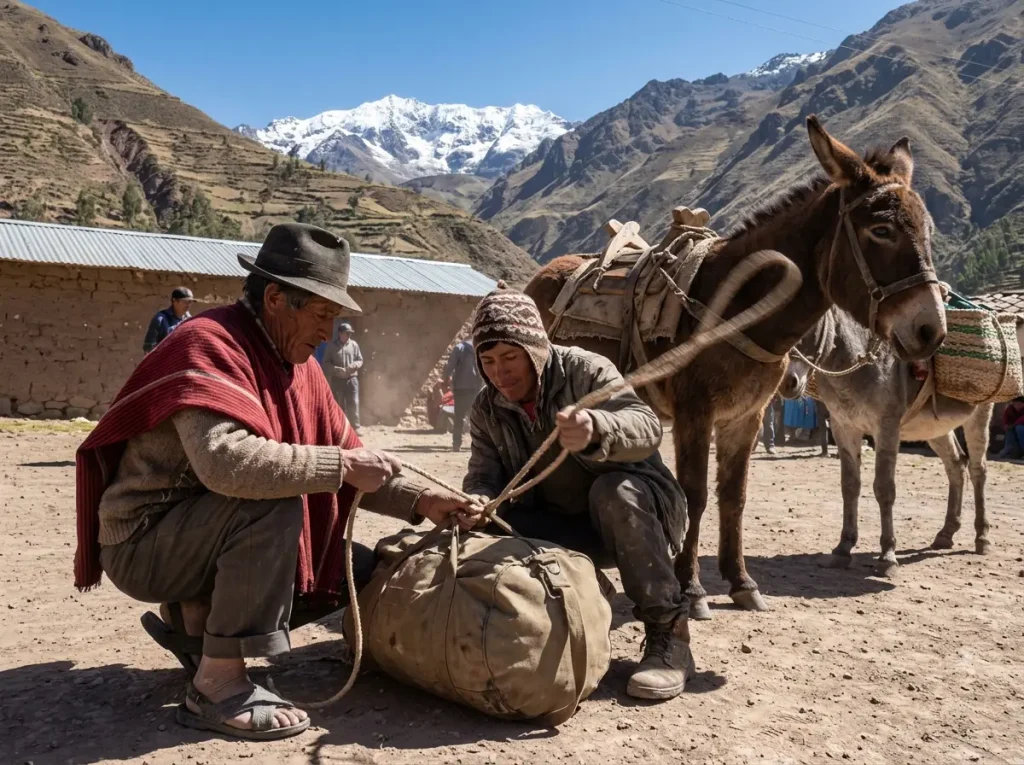Arrieros loading gear duffels onto burros at a Cordillera Blanca trailhead village before a climb