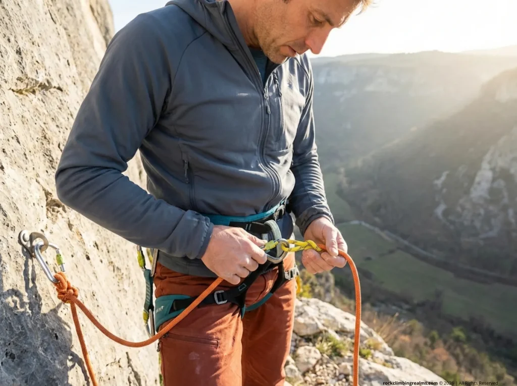 Climber clipping autoblock backup to leg loop at limestone rappel station for safe descent