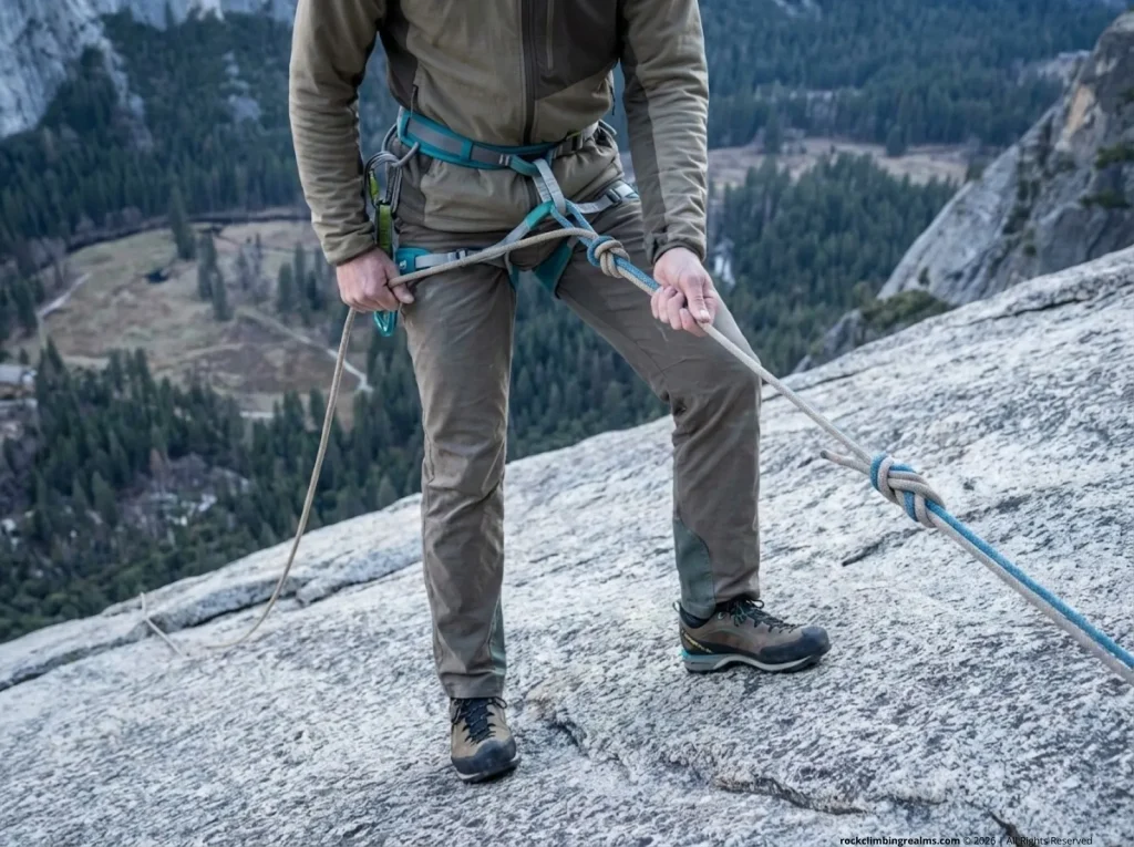 Climber performing batman hand-over-hand knot pass on low-angle granite slab rappel