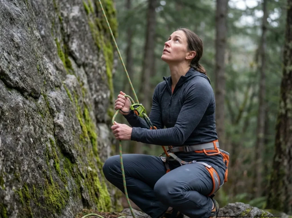 Female belayer in athletic ready crouch holding Edelrid Click-Up at granite sport crag, watching for fall  