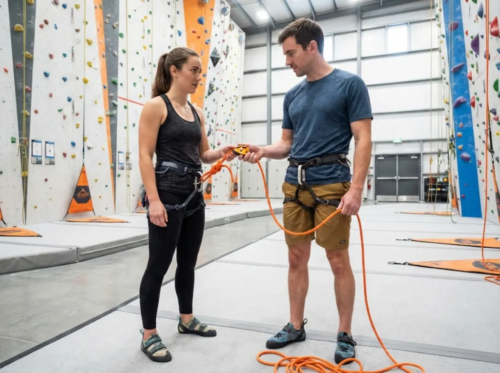 Climbing partners performing pre-climb safety check with belay device and knot