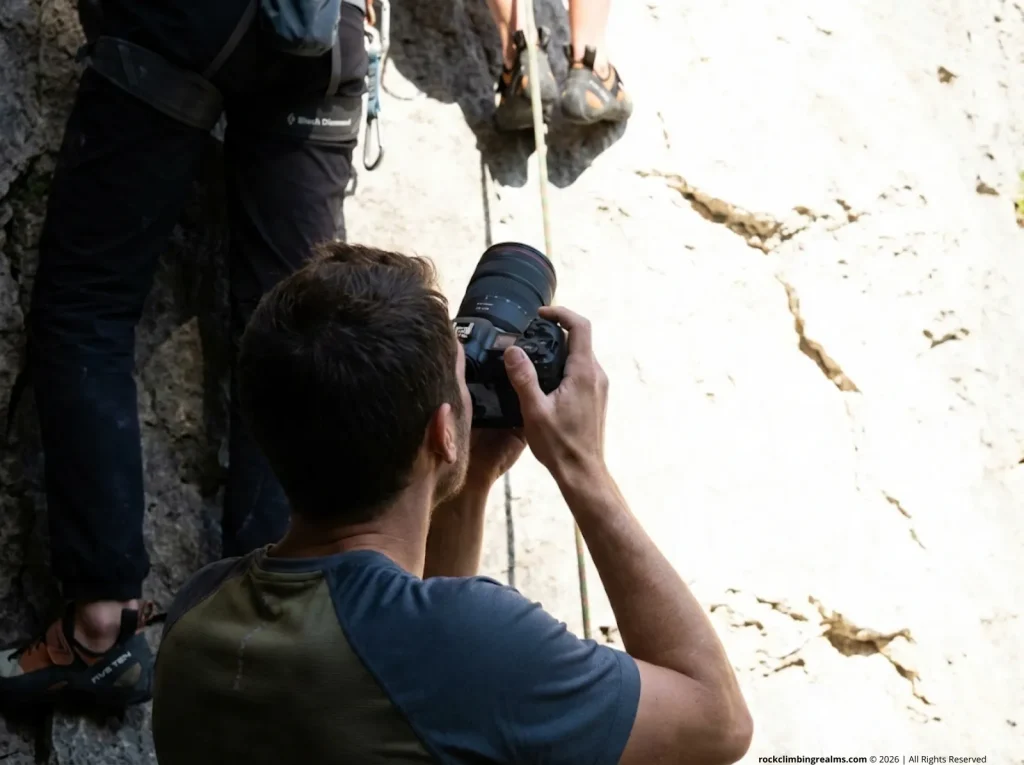 Photographer shooting from below a climber on limestone — illustrating the butt shot problem in climbing photography