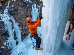 Best Crampons for Ice Climbing? What 200 Pitches Taught Us Ice climber ascending frozen waterfall with Petzl Lynx crampons on steep blue ice in Ouray Colorado