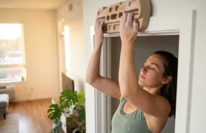 Best Hangboard for Small Spaces (A Renter’s Honest Review) Climber dead hanging on wooden hangboard mounted in apartment doorway for small space training