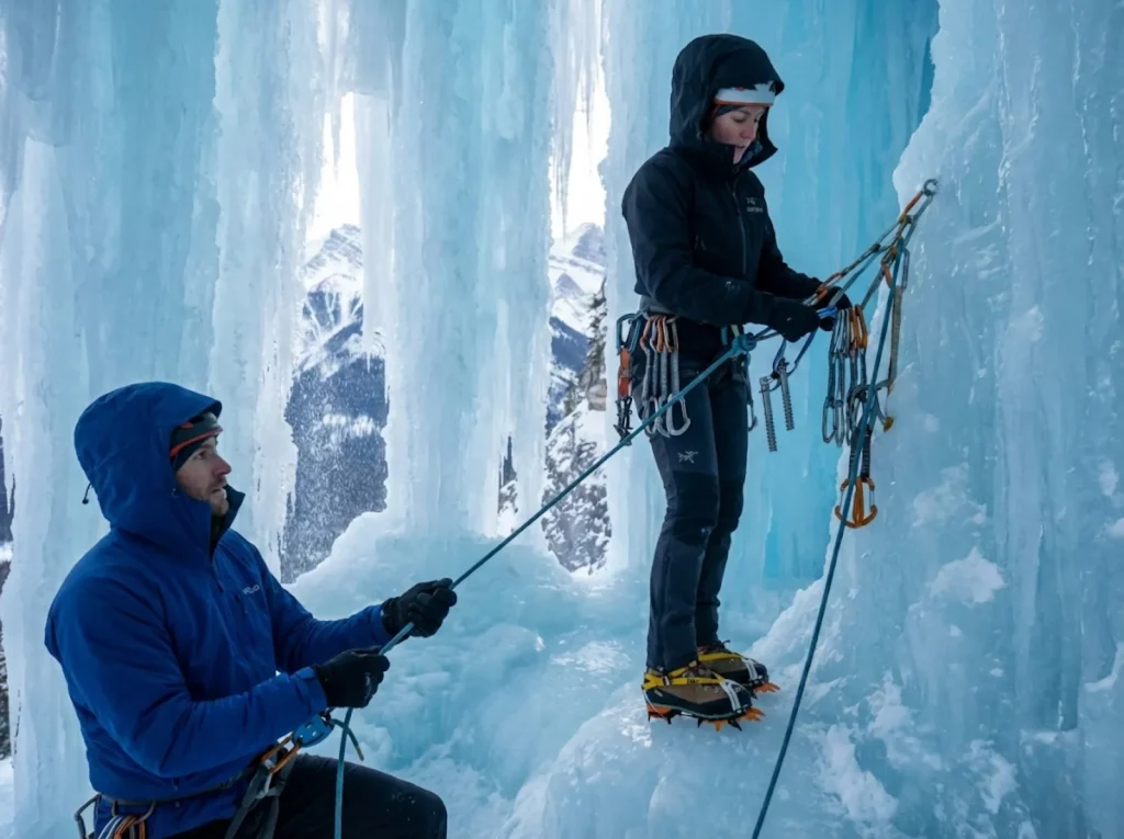 Two ice climbers at belay station with Petzl Dart crampons on multi-pitch frozen waterfall route