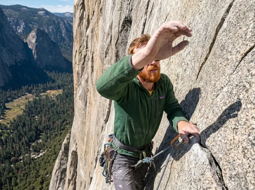 Climber leading a steep granite big-wall pitch, evoking Tommy Caldwell's all-around mastery on rock