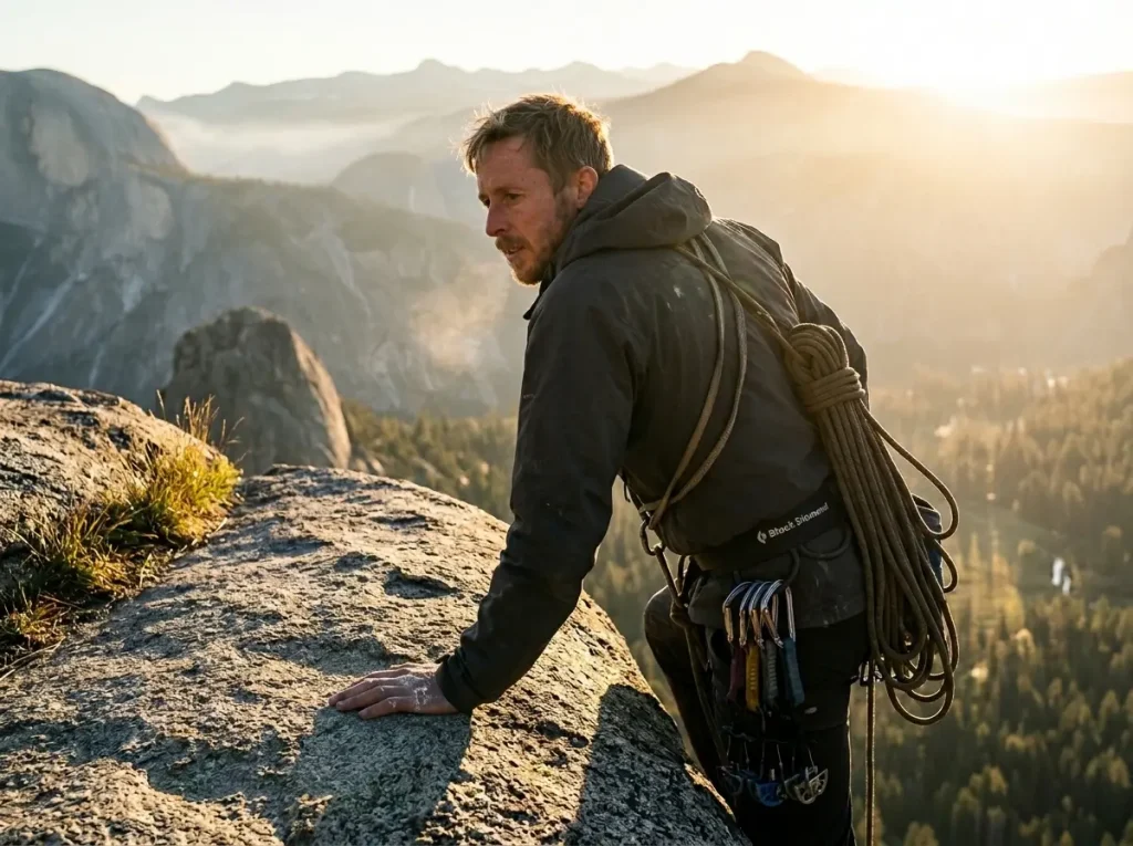 Climber topping out on a granite summit at sunrise, evoking the legacy of Caldwell's Dawn Wall
