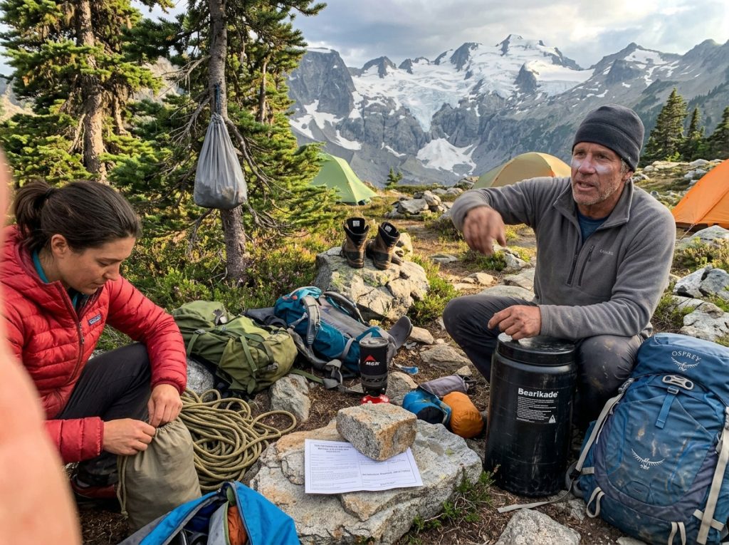 Climbers organizing permits and packs at a Boston Basin backcountry high camp
