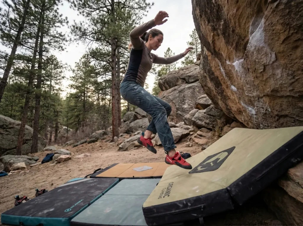 Female boulderer landing on crash pads at outdoor crag, ankle sprain risk during bouldering falls
