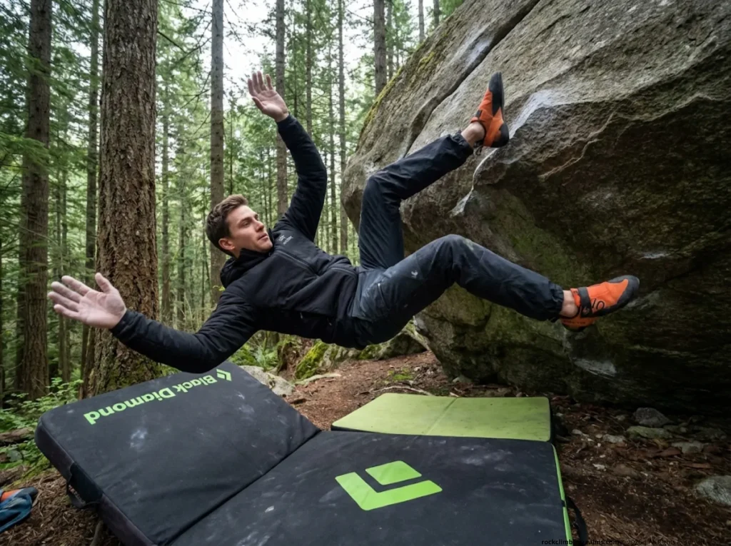 Male boulderer in backward fall from overhang, Black Diamond crash pad visible below on granite landing zone
