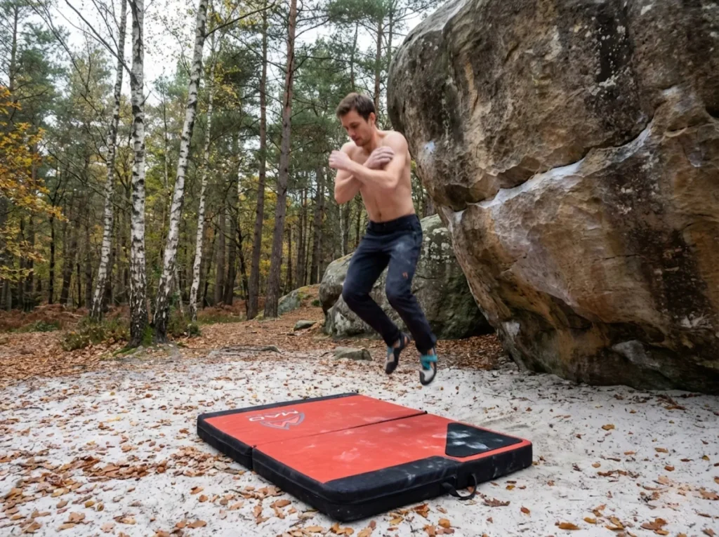 Climber executing proper falling technique onto Mad Rock crash pad at Fontainebleau