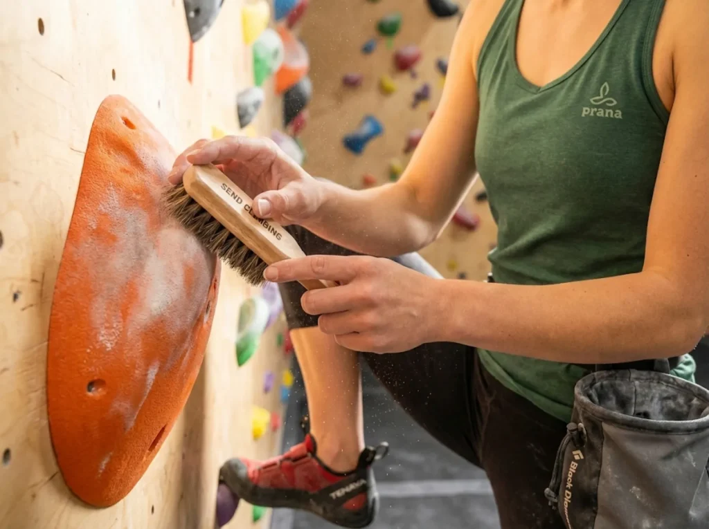 Climber brushing chalk off climbing holds with boar hair brush after attempt 