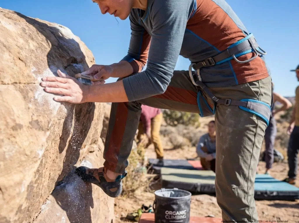 Climber brushing tick marks off sandstone hold after completing boulder problem