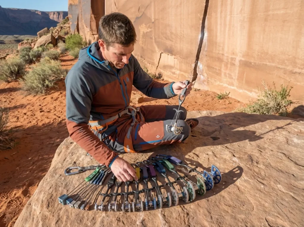 Climber organizing a full rack of cams and nuts at Indian Creek desert crag for crack climbing