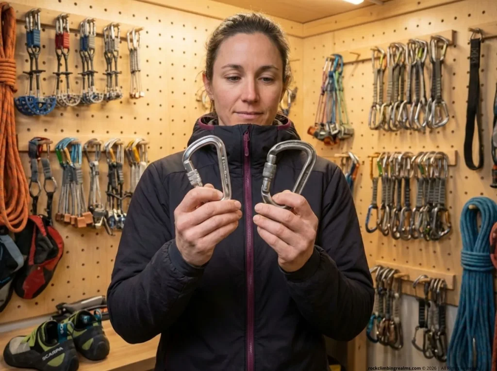 Climber comparing worn and new carabiners to decide retirement in gear room 