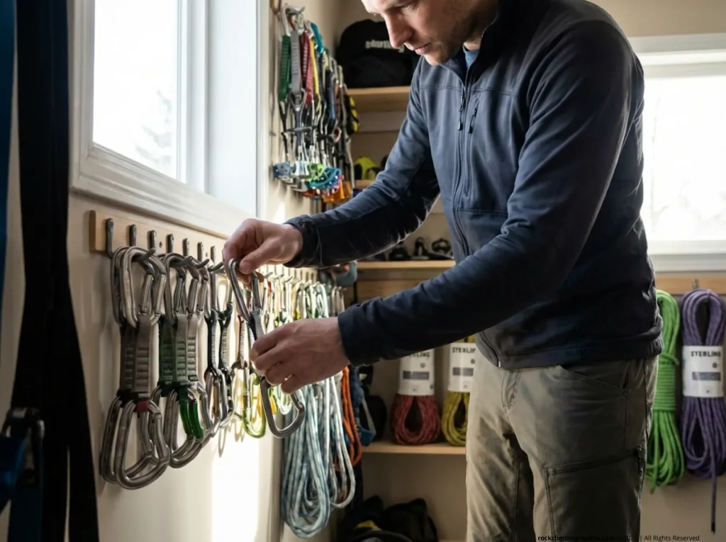 Climber organizing clean carabiners gate-up on wall-mounted gear rack at home  
