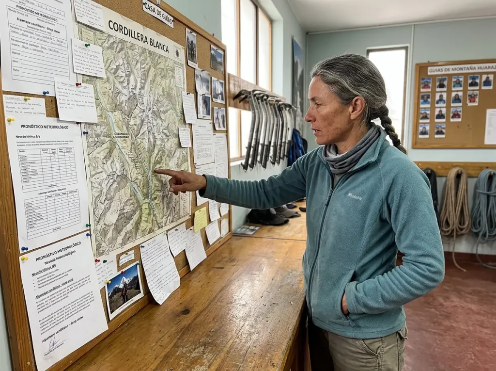 Climber reading a route-conditions board and park maps at the Casa de Guias office in Huaraz