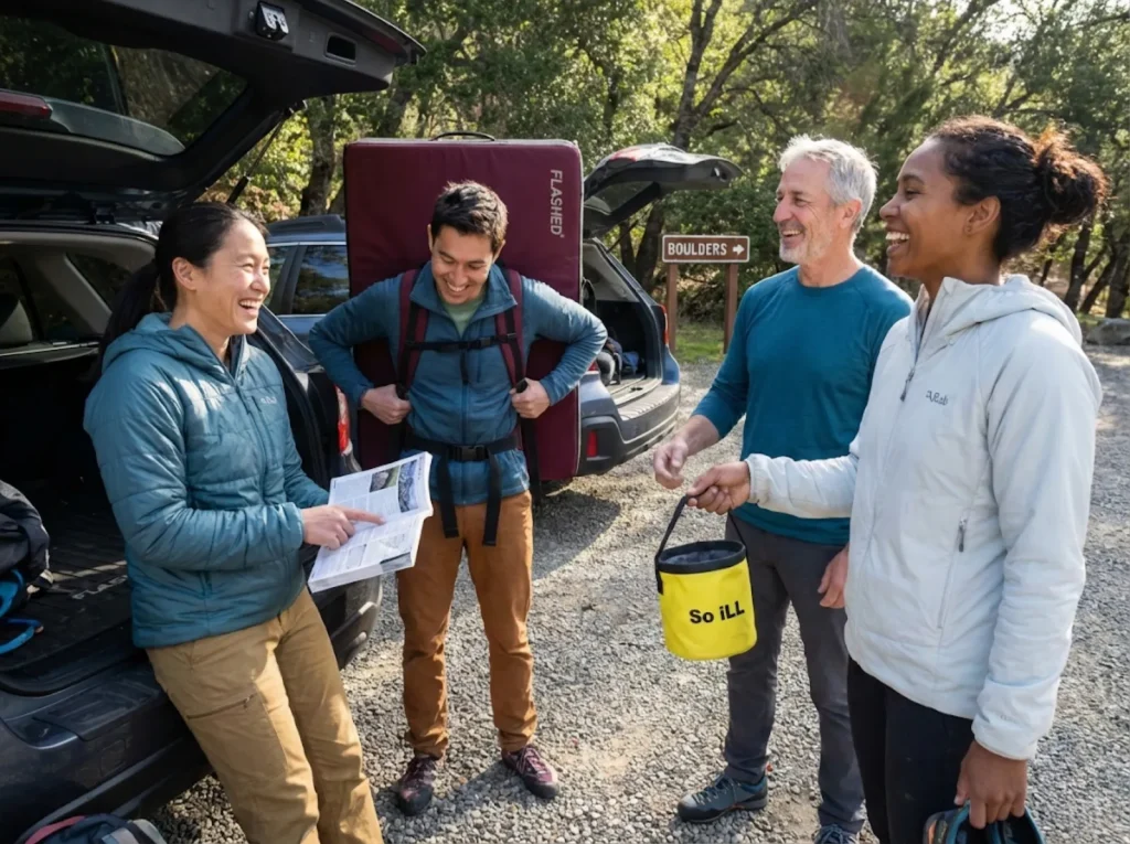  Group of climbers socializing at Castle Rock parking lot before bouldering session 