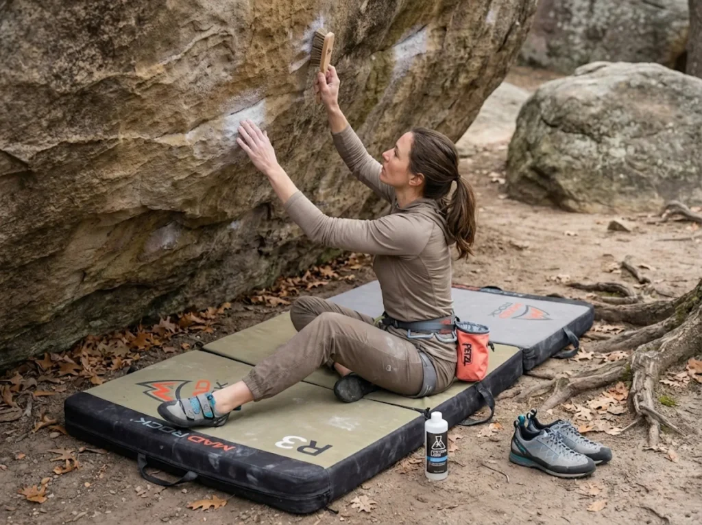 Climber brushing sandstone holds with boar hair brush and gear at Castle Rock 