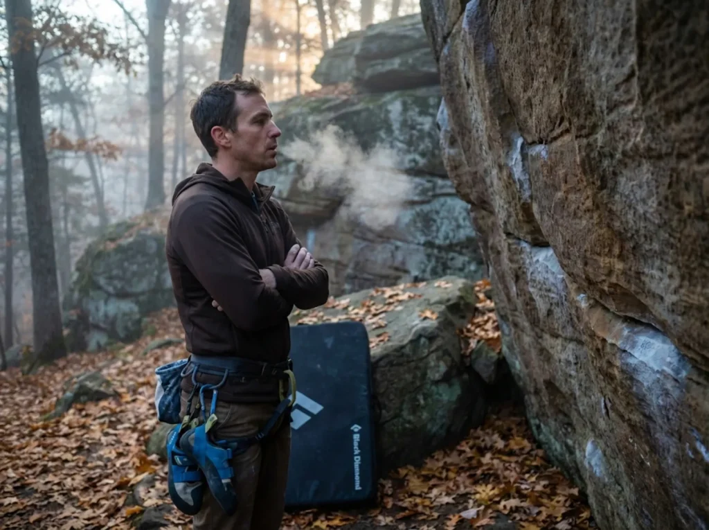 Climber assessing conditions on a crisp fall morning at Castle Rock State Park  