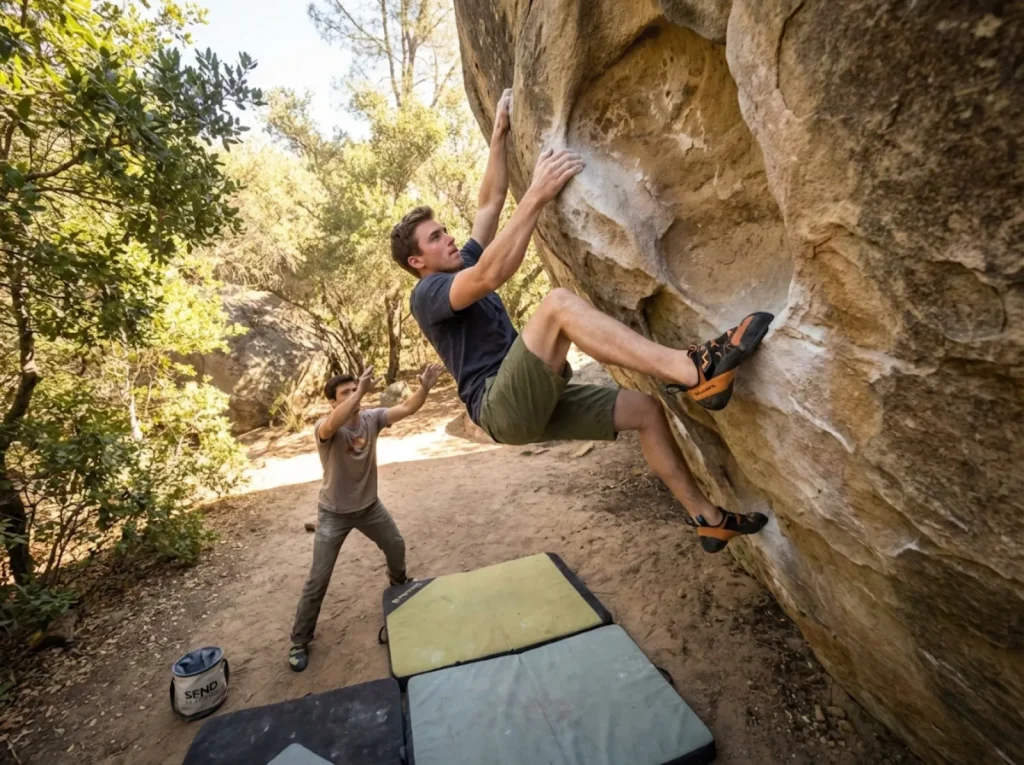 Climber pulling on hueco hold at the Magoos sector Castle Rock bouldering