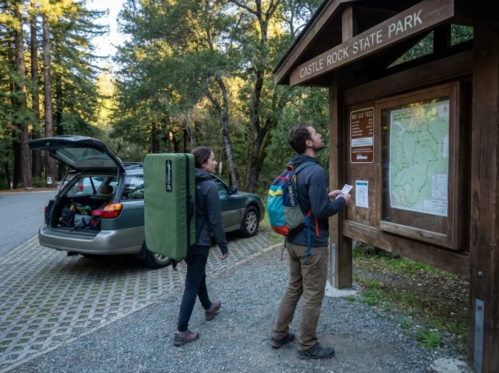 Climbers arriving at Castle Rock State Park entrance with crash pads for bouldering 
