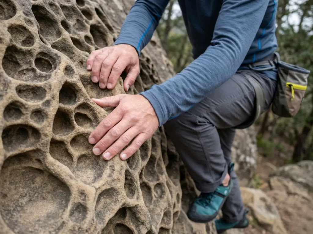 Tafoni sandstone texture at Castle Rock showing honeycomb erosion pockets 