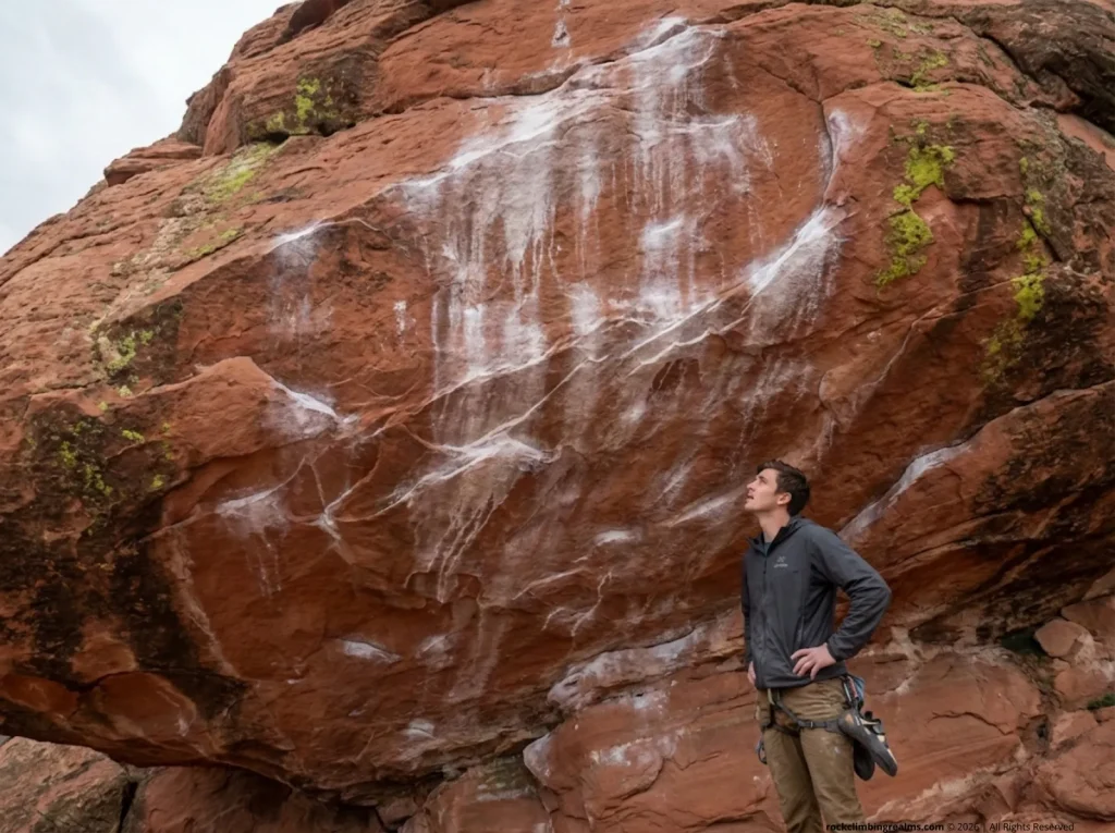 Heavy chalk buildup and white streaks on red sandstone overhang at desert climbing area