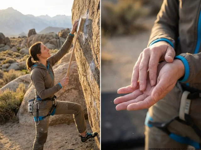 chalk-cleanup-brushing-boulder-holds Climber brushing chalk off boulder holds with boar's hair brush at sunset in Bishop California
