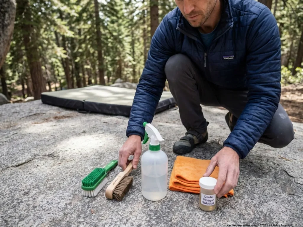Climbing chalk cleanup kit with brushes and squirt bottle arranged on rock at forest crag