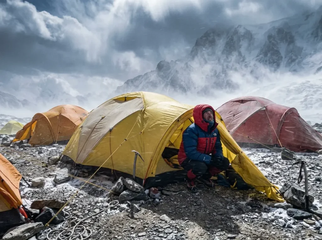 Expedition tents braced against blowing snow at Cho Oyu base camp during a tight weather window