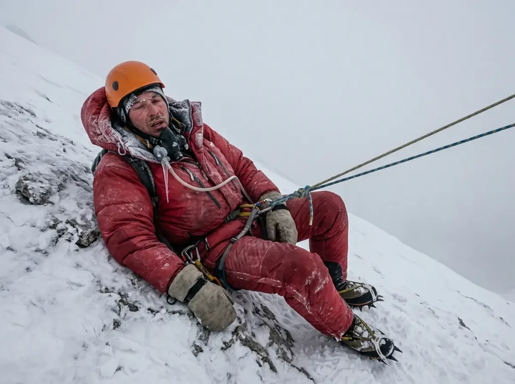 Exhausted climber resting on a fixed rope high on Cho Oyu, showing the real risk behind the easy label