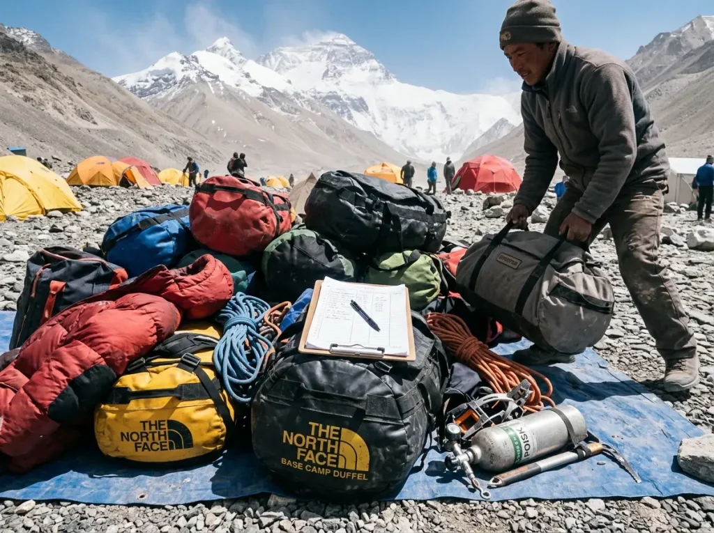 Stacked expedition duffels and gear at Cho Oyu base camp, the real all-in cost behind the brochure price