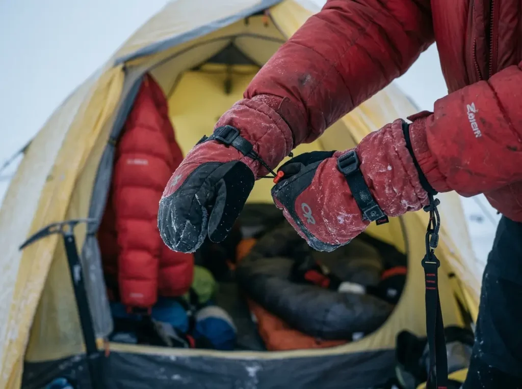 Climber pulling on Outdoor Research Alti II expedition mitts, the honest 8000m gear nobody else names