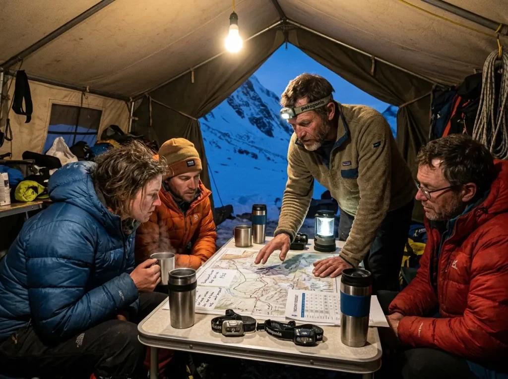 Expedition team and guide reviewing the climbing plan in a Cho Oyu base camp dining tent at dusk