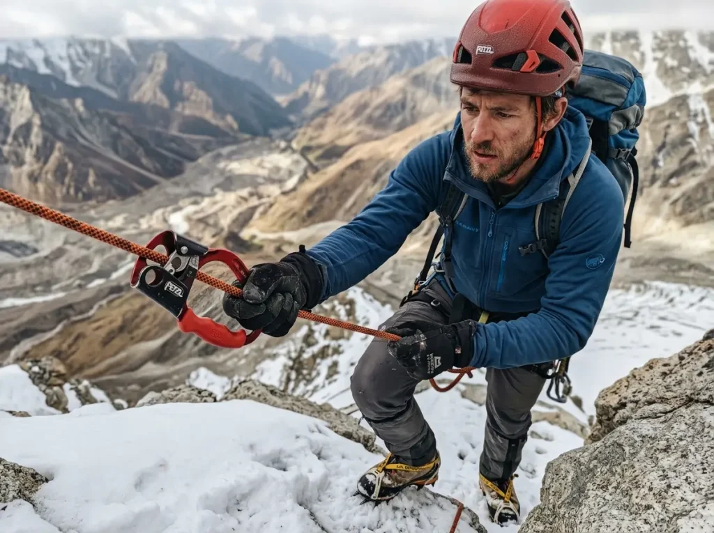 Climber practicing fixed-rope ascending with a Petzl jumar on a 6000m prerequisite peak