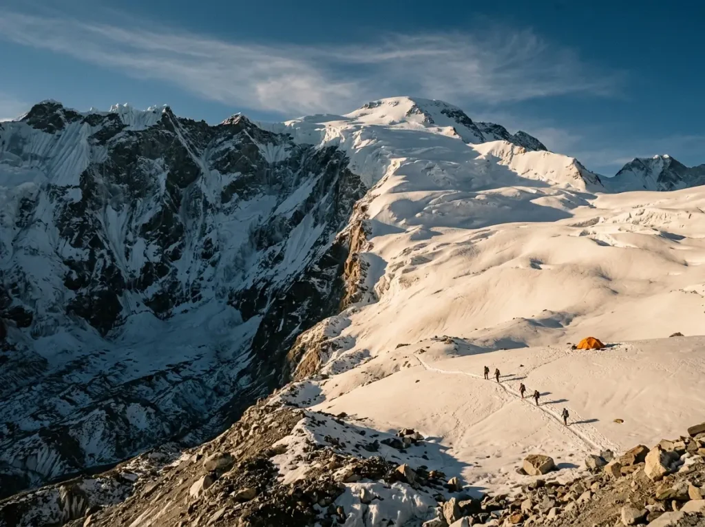 Cho Oyu's steep Nepal South Ridge face in shadow beside the gentler Tibet snow slopes at dusk
