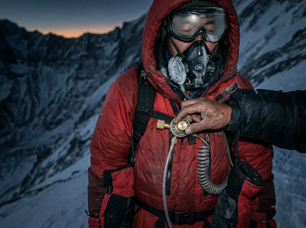 Sherpa adjusting a supplemental oxygen regulator on a climber in the Cho Oyu Death Zone at dawn