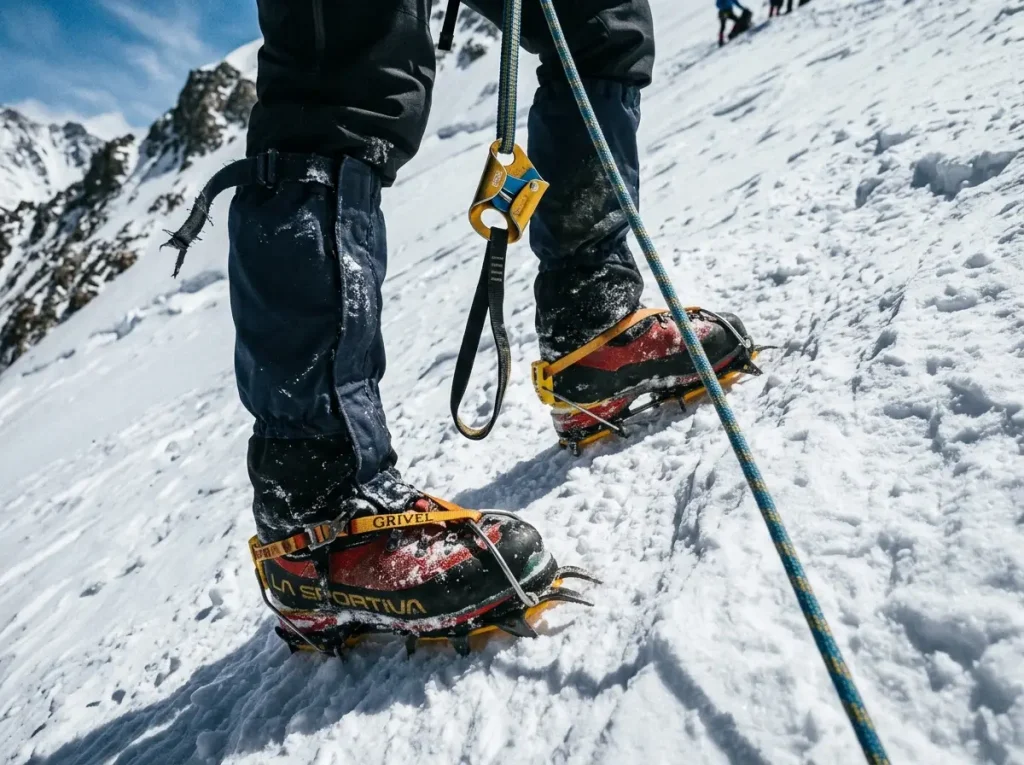 Close-up of Grivel crampons biting hard snow on the fixed-rope section of Cho Oyu's Tichy Route