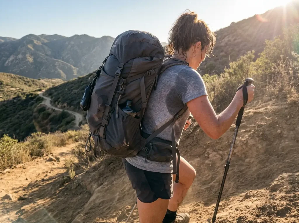 Climber on a weighted training hike with a heavy pack, building the real Cho Oyu fitness base at home