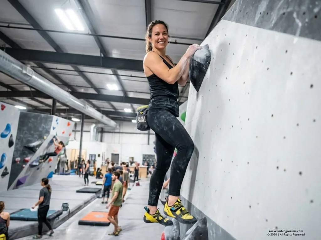 Confident climber topping out a bouldering problem after choosing the right gym
