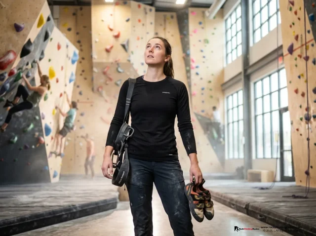 choosing-climbing-gym-evaluation Climber evaluating a modern climbing gym interior before choosing a membership