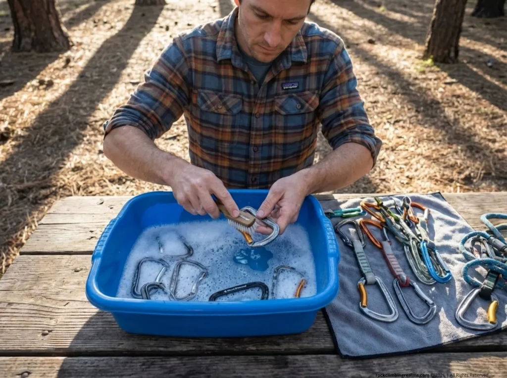 Climber scrubbing carabiner with brush in soapy water basin at campsite 
