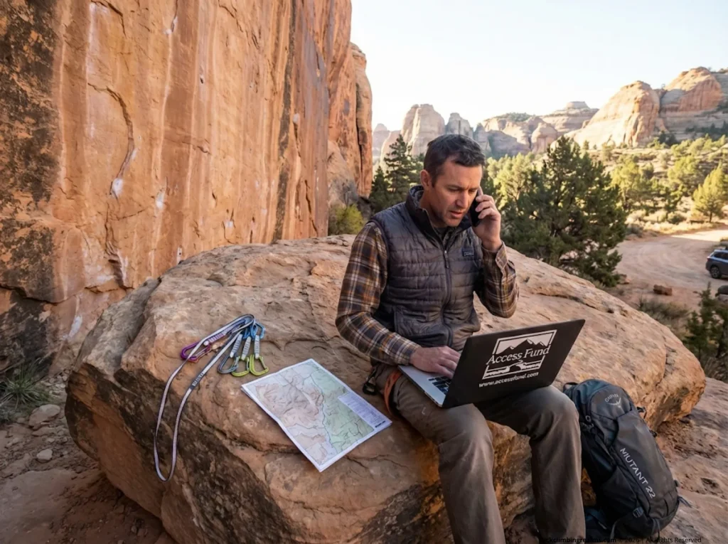 Climber contacts Access Fund on phone and laptop at the base of a crag